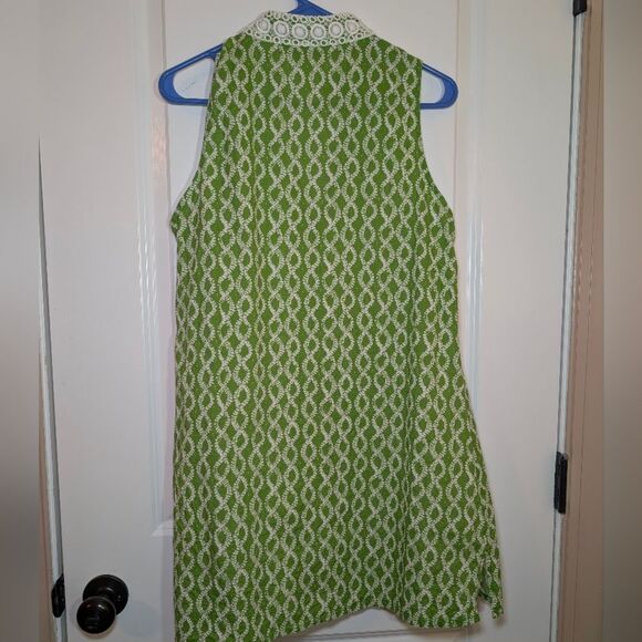 Rock Flower Paper Cotton Tunic Dress L Green Geometric Lace Trim Resort Vacation - Picture 4 of 5